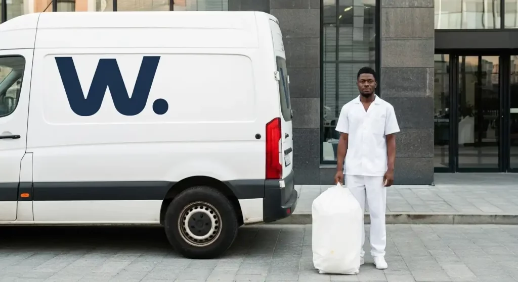 Camionnette White Ci livrant du linge propre chez un client à Cocody